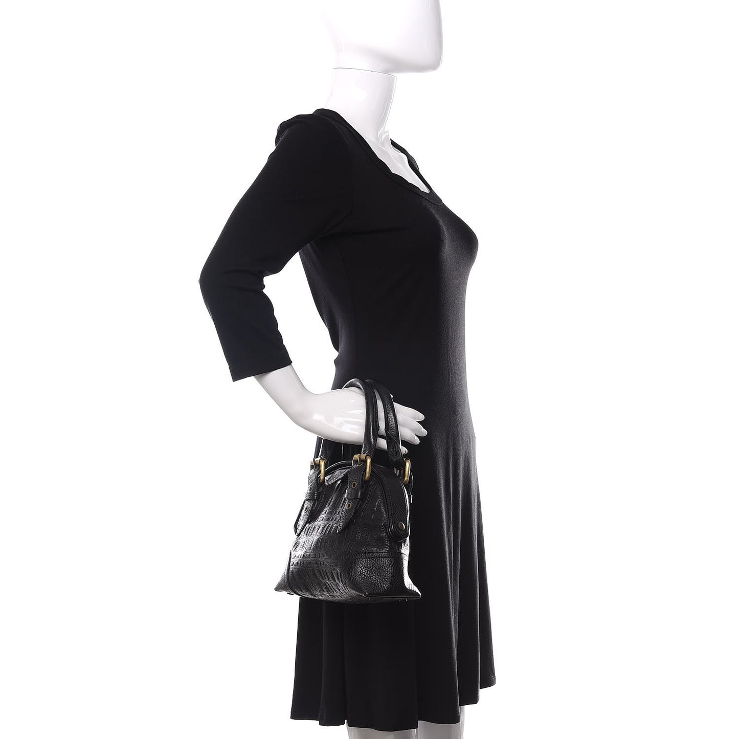 Signature Grain Calfskin Check Embossed Top Handle Bag Black