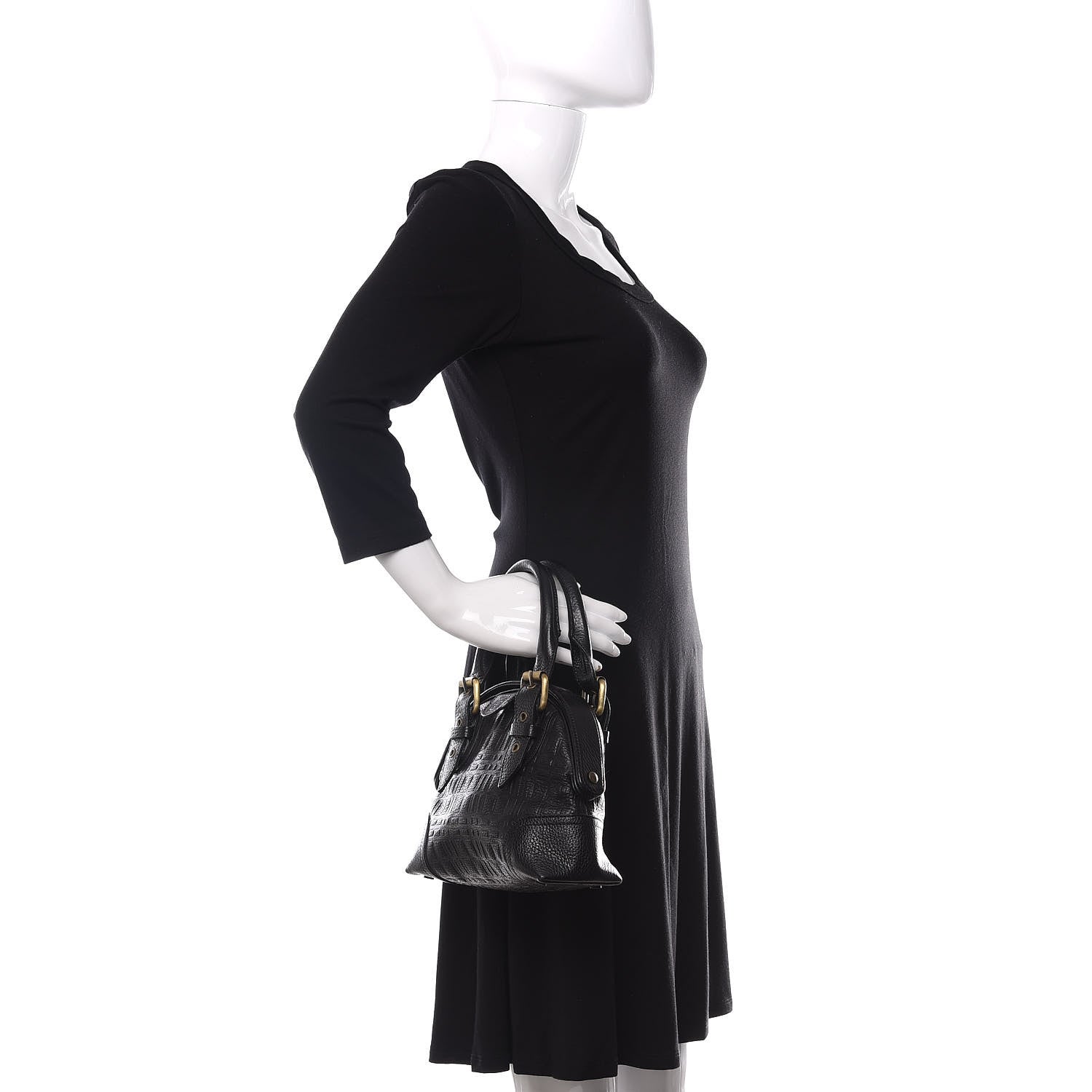 Burberry Signature Grain Calfskin Check Embossed Top Handle Bag Black 2 of 9