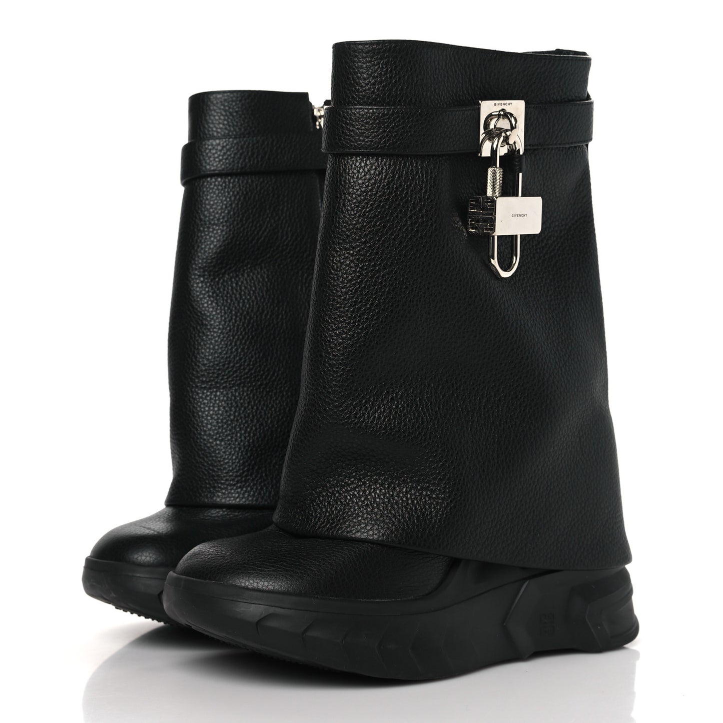 Grained Calfskin Shark Lock Biker Ankle Boots 36 Black