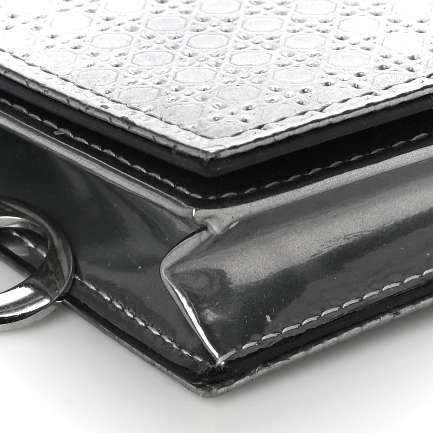 Metallic Patent Micro-Cannage Lady Dior Card Holder Silver