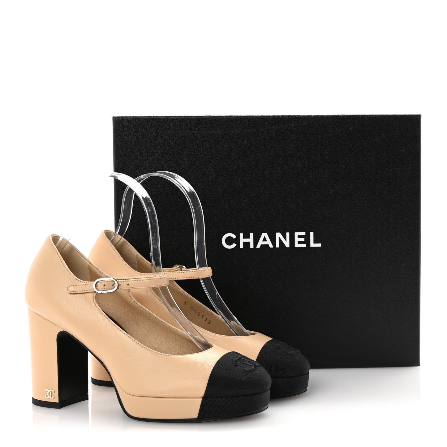 Lambskin Cap Toe CC Mary Jane Pumps 36.5 Beige Black