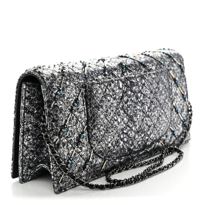 Chanel Metallic Snakeskin Quilted Beaded Chain Clutch Black Silver 7 of 23