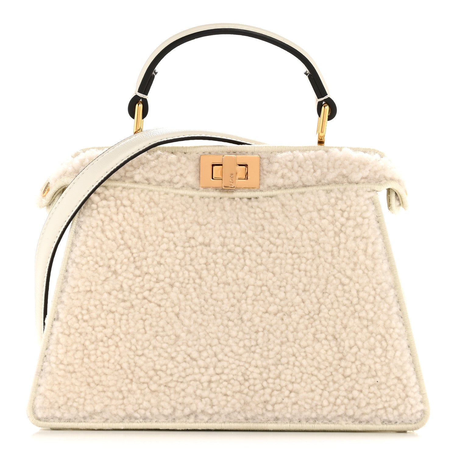 Fendi Curly Shearling Shiny Nappa Petite Peekaboo I SEE U Satchel White 1 of 13