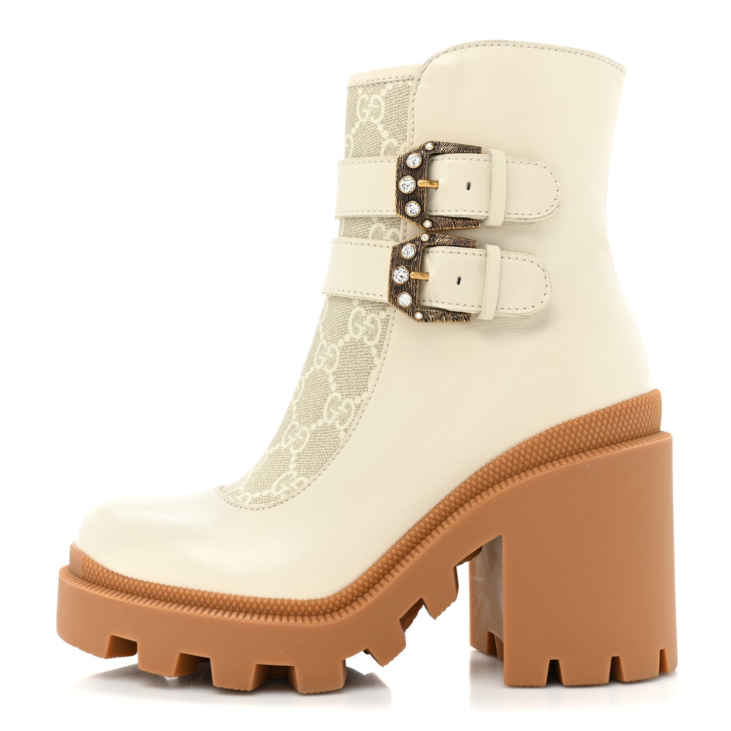 Kensington Calfskin Nappa GG Supreme Monogram Womens Double Buckle Ankle Boots 35 Mystic White Beige