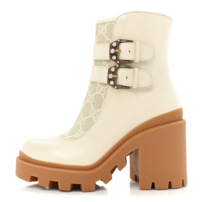 Gucci Kensington Calfskin Nappa GG Supreme Monogram Womens Double Buckle Ankle Boots 35 Mystic White Beige 1 of 10