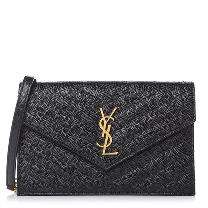 Saint Laurent Grain De Poudre Matelasse Chevron Monogram Envelope Chain Wallet Black 1 of 21