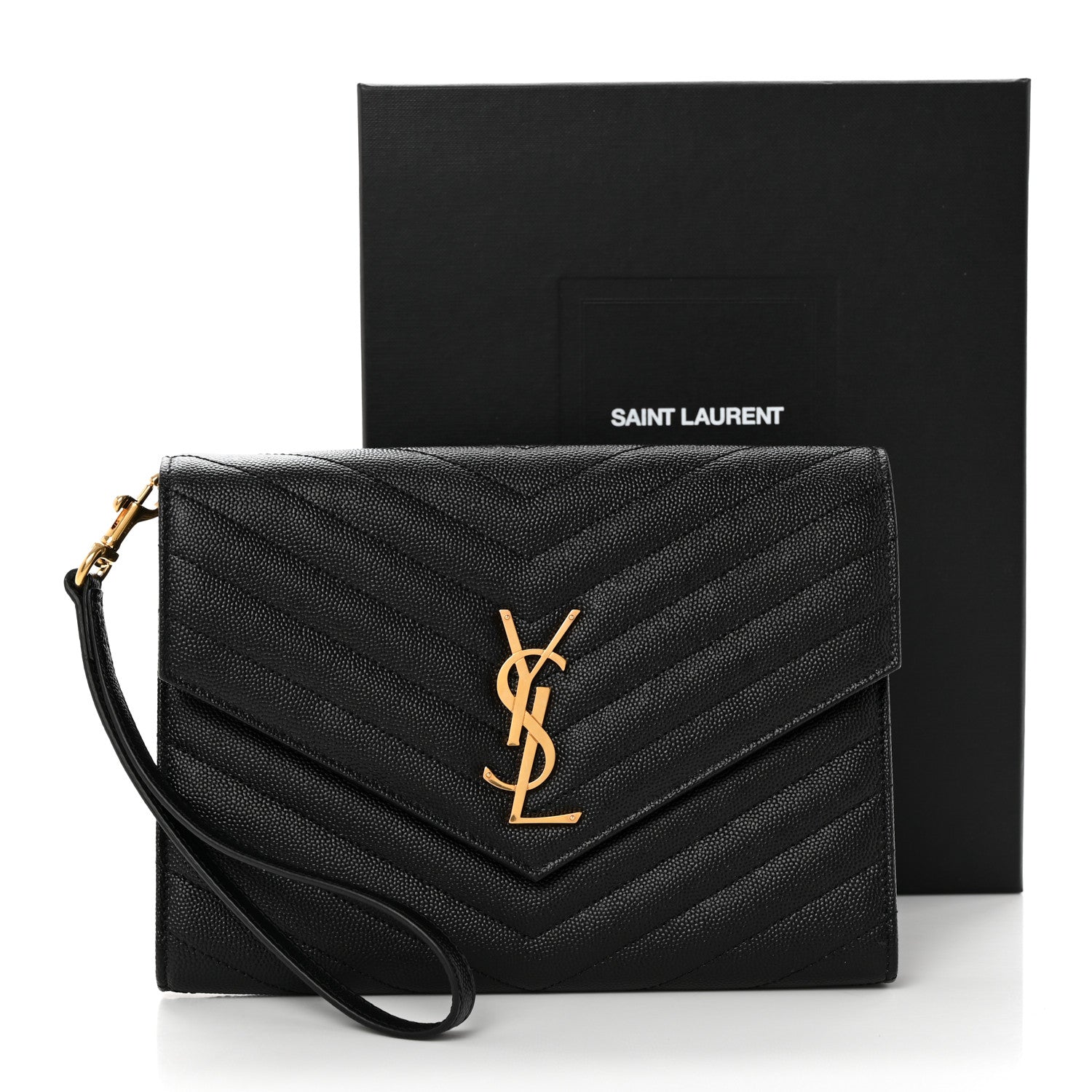 Saint Laurent Grain De Poudre Matelasse Chevron Monogram Envelope Clutch Black 8 of 8