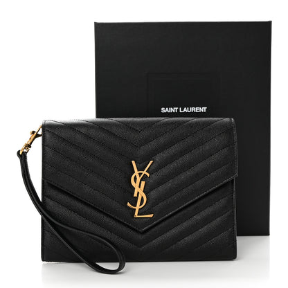 Saint Laurent Grain De Poudre Matelasse Chevron Monogram Envelope Clutch Black 8 of 8