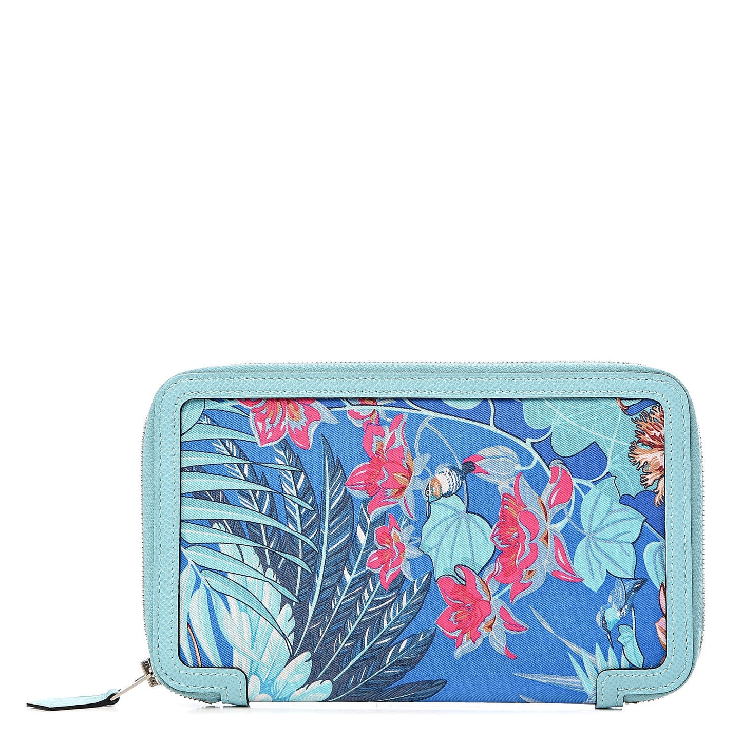 Epsom Printed Silk Flamingo Party Soie-Cool Wallet Mykonos Bleu Atoll