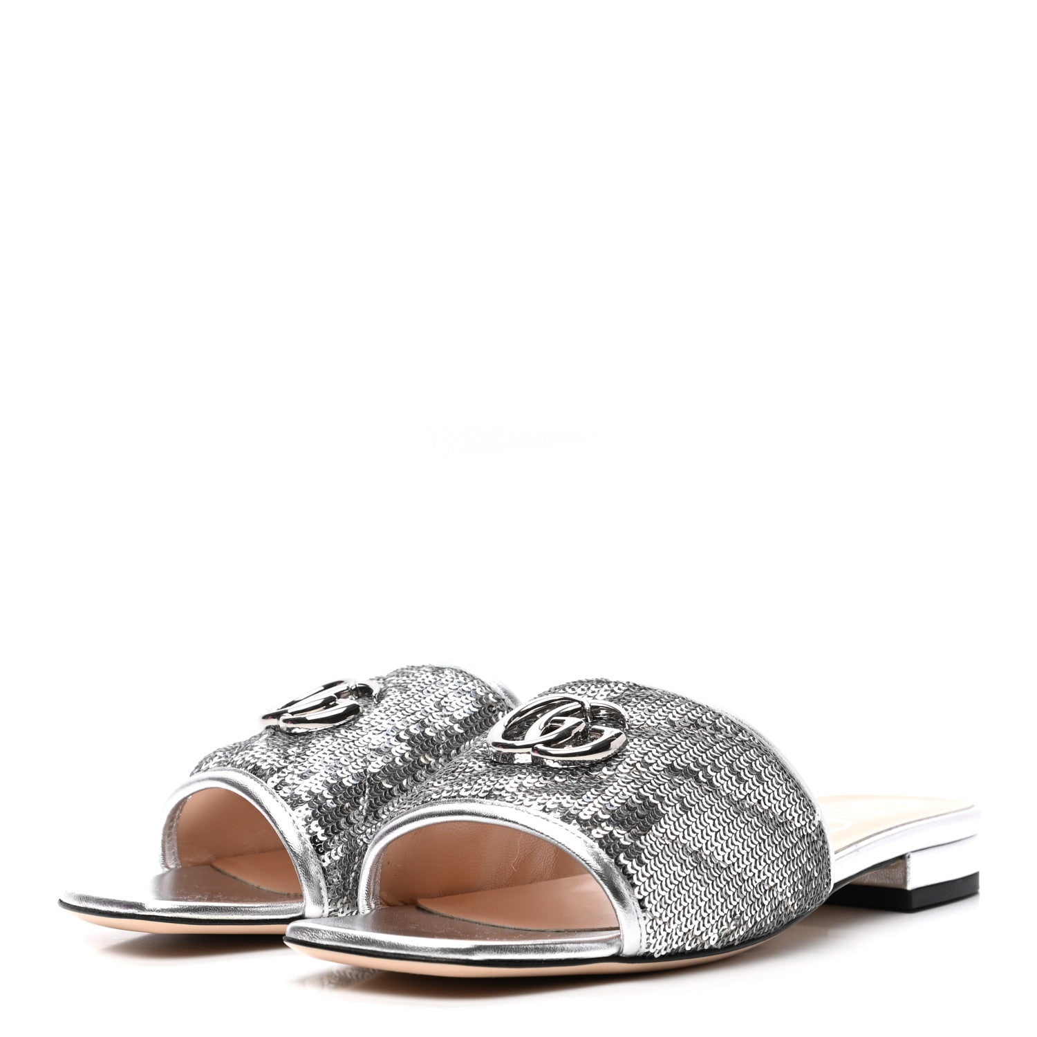Gucci Sequin Metallic Nappa GG Marmont Flat Slide Sandals 39 Silver 2 of 9