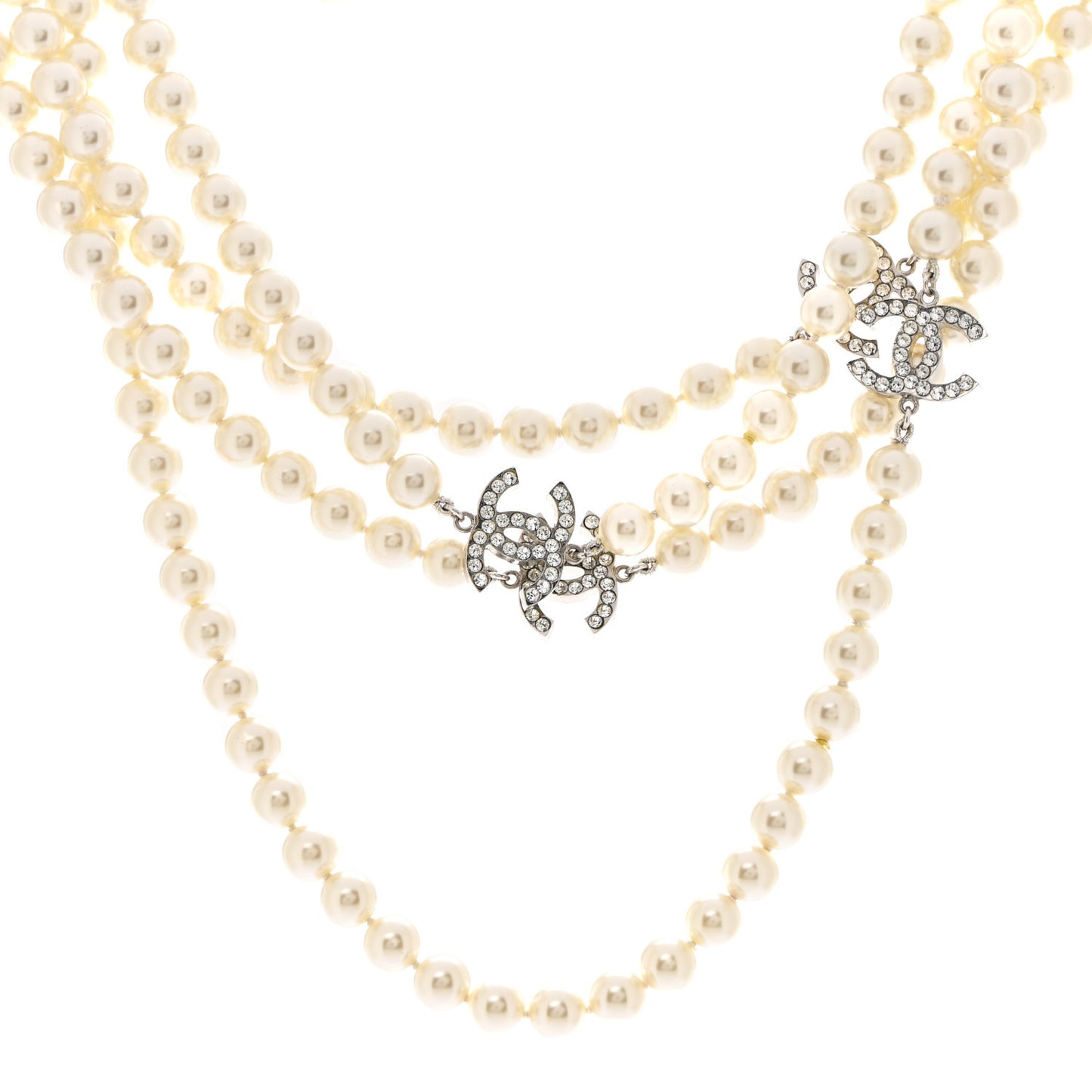Crystal Pearl CC Long Necklace Silver