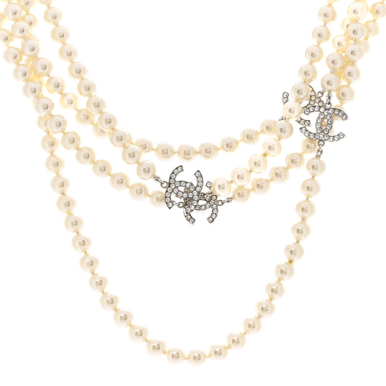 Chanel Crystal Pearl CC Long Necklace Silver 1 of 6