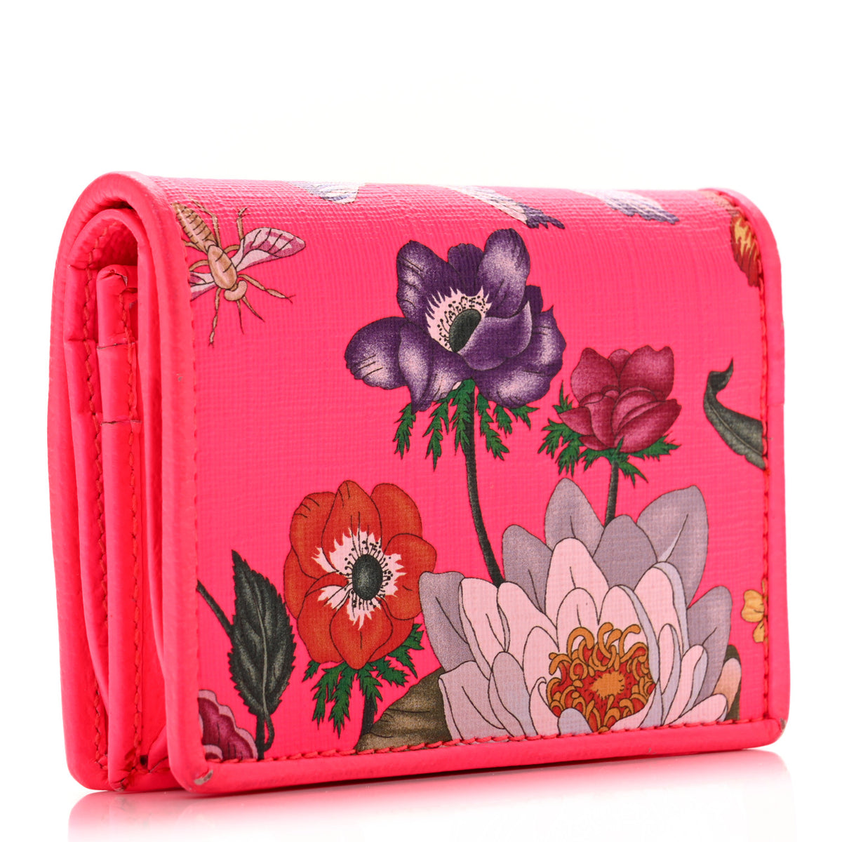 Calfskin Flora Print Zumi Card Case Fuxia Fluo