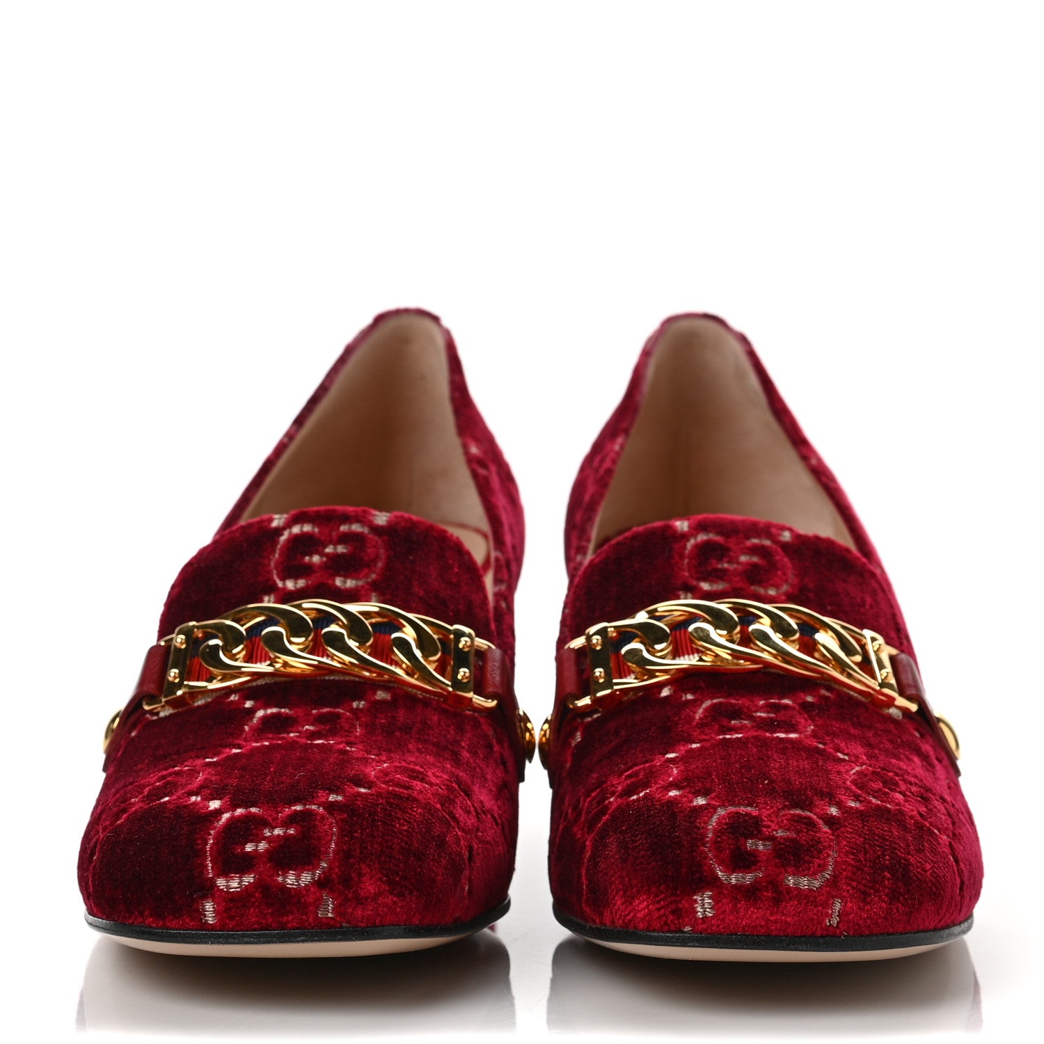 Gucci Velvet GG Monogram Sylvie Web Chain Mid Heel Loafers 40 Red Cipria 2 of 8