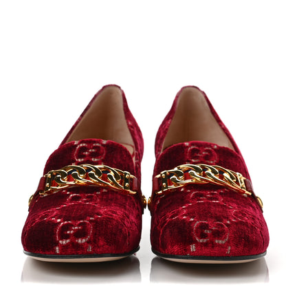 Gucci Velvet GG Monogram Sylvie Web Chain Mid Heel Loafers 40 Red Cipria 2 of 8