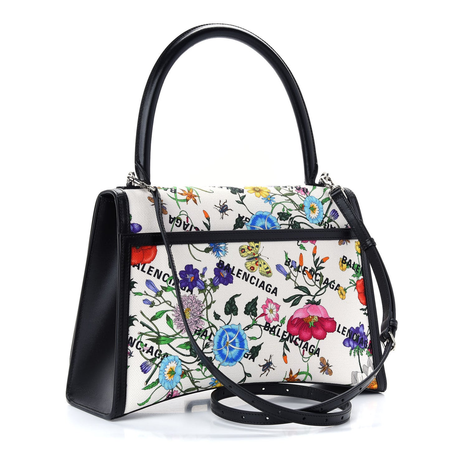 X GUCCI Canvas Boarded Plutone Calfskin Flora Logo Print Medium Hourglass Top Handle Bag White Multicolor Black