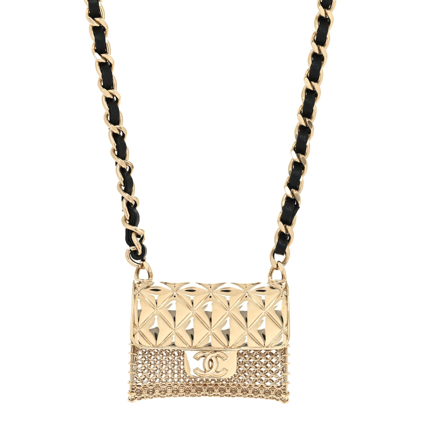 Metal Lambskin Chain Micro Bag Necklace Gold Black