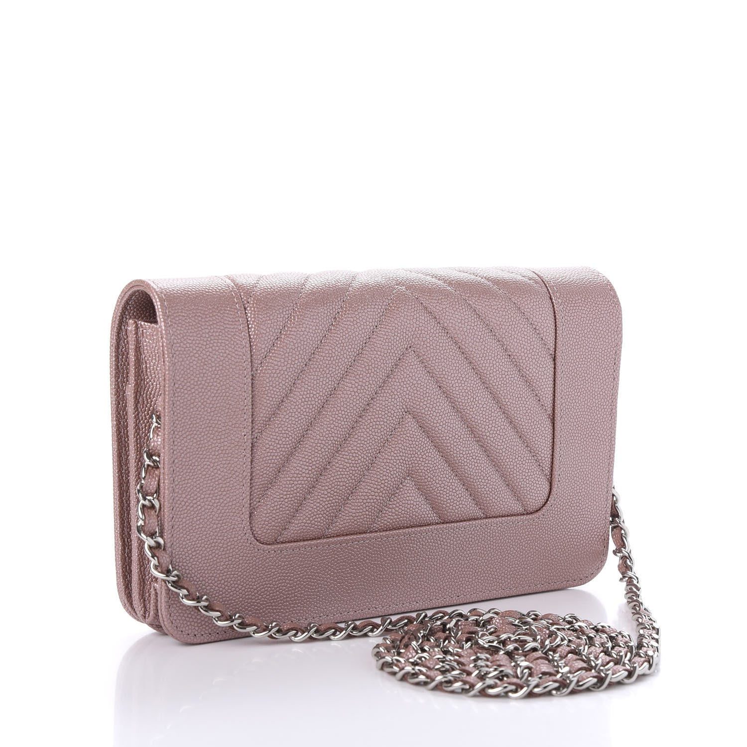Chanel Metallic Caviar Chevron Quilted Vintage Mademoiselle Wallet On Chain WOC Pink 2 of 10