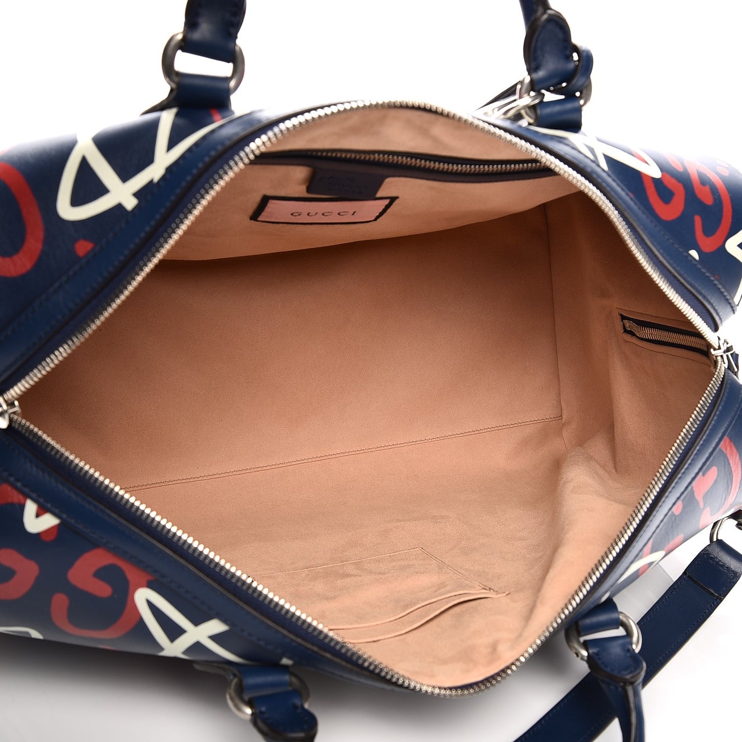 Calfskin GucciGhost Print Duffle Blue Agata Hibiscus Red