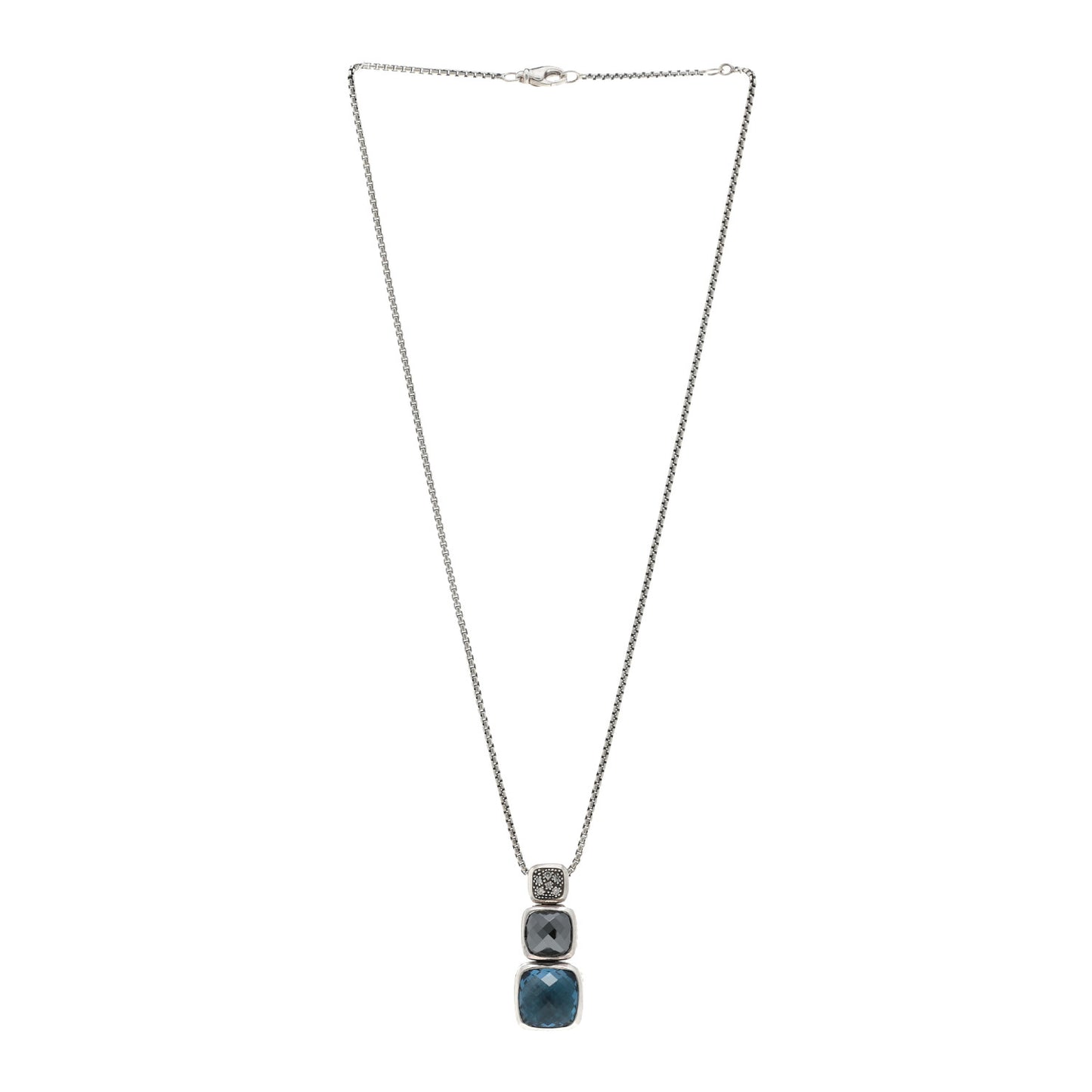 Sterling Silver Diamond Blue Topaz Hematite Chiclet Drop Necklace