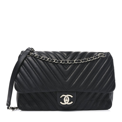 Chanel Lambskin Chevron Quilted Double Stitch Jumbo Double Flap Black 1 of 10