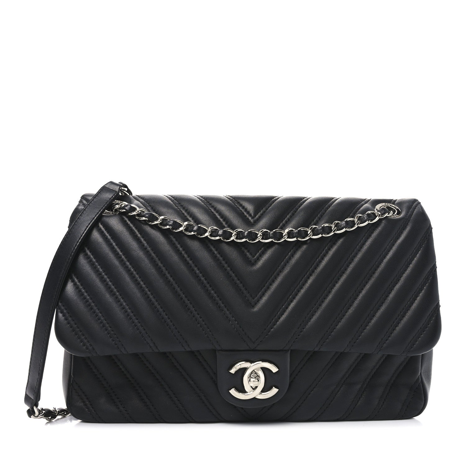 Chanel Lambskin Chevron Quilted Double Stitch Jumbo Double Flap Black 1 of 10