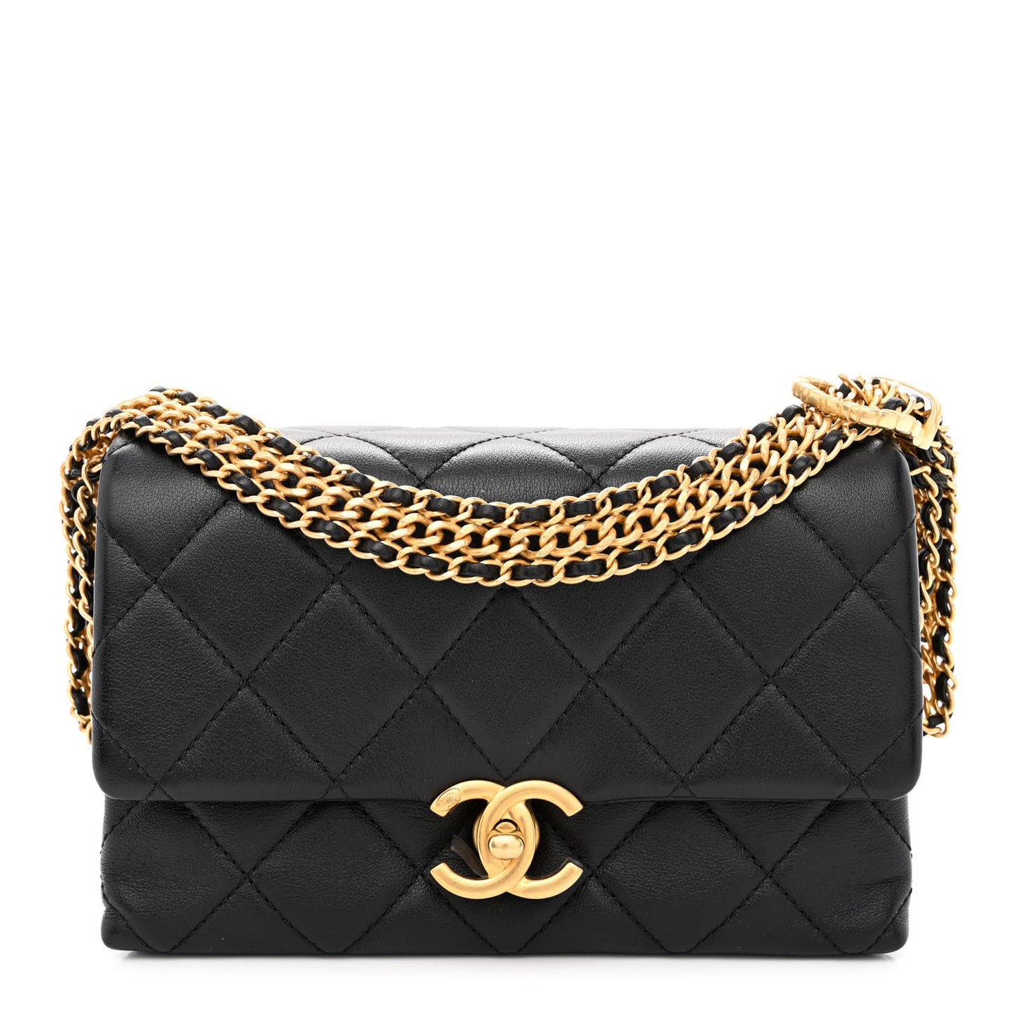 Calfskin Quilted Mini Chain Strap Flap Black