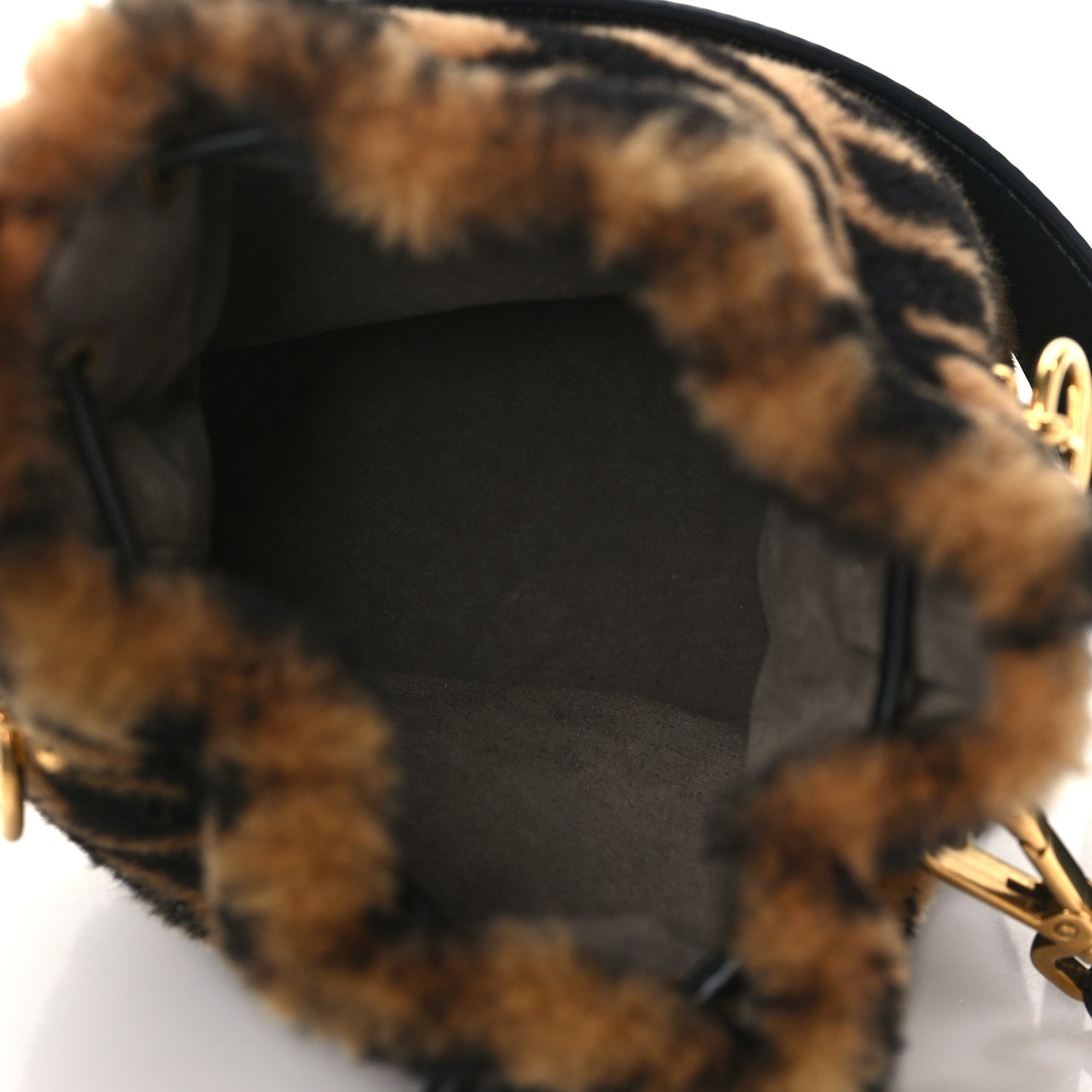 Shearling Vitello Dolce F is Fendi Macro FF 1974 Mini Mon Tresor Bucket Bag Tobacco Black