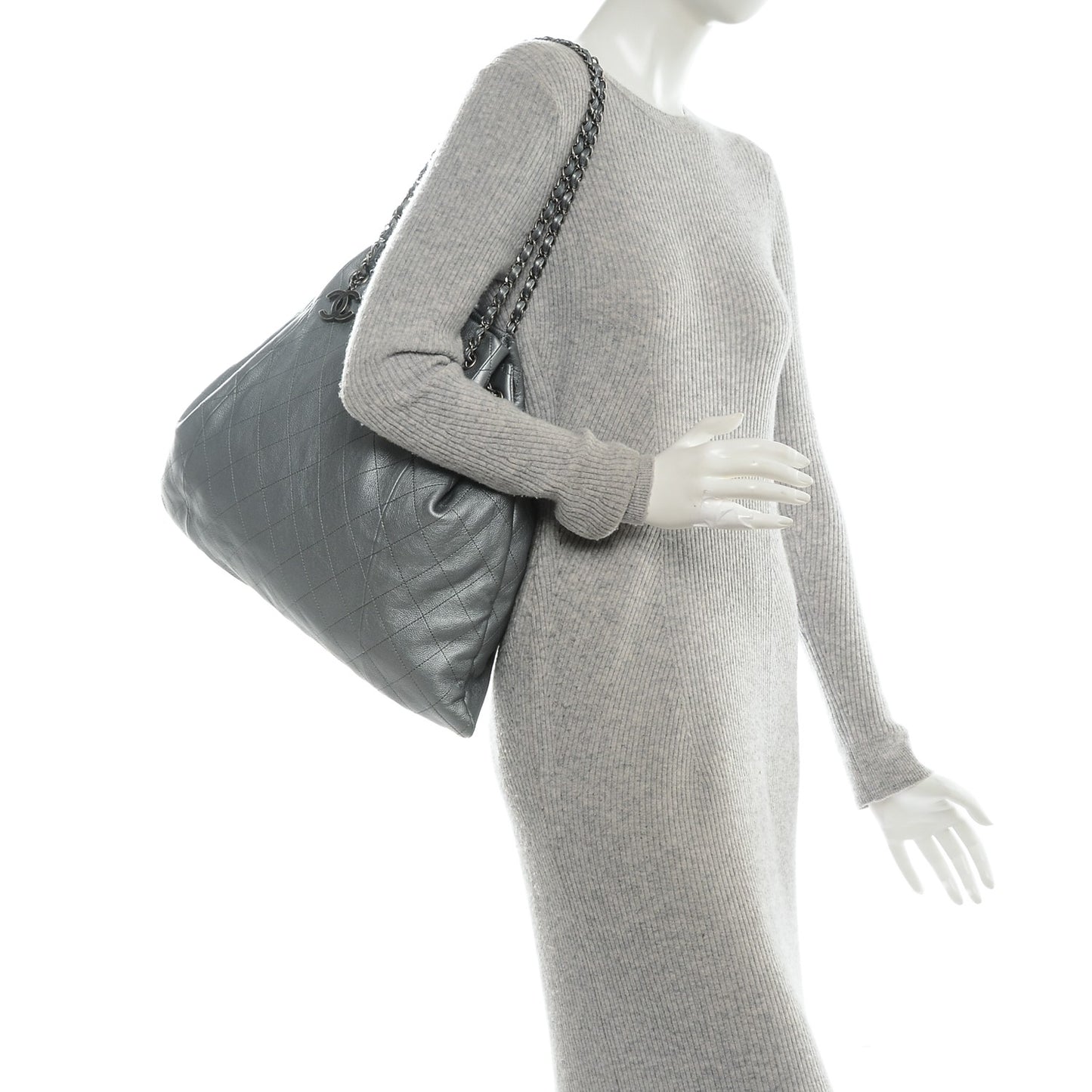 Metallic Calfskin Quilted Small Drawstring Bag Silver