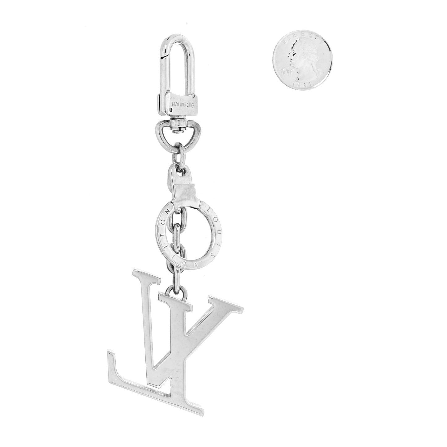 Metal Palladiium Finish LV Initiales Bag Charm Key Holder Silver