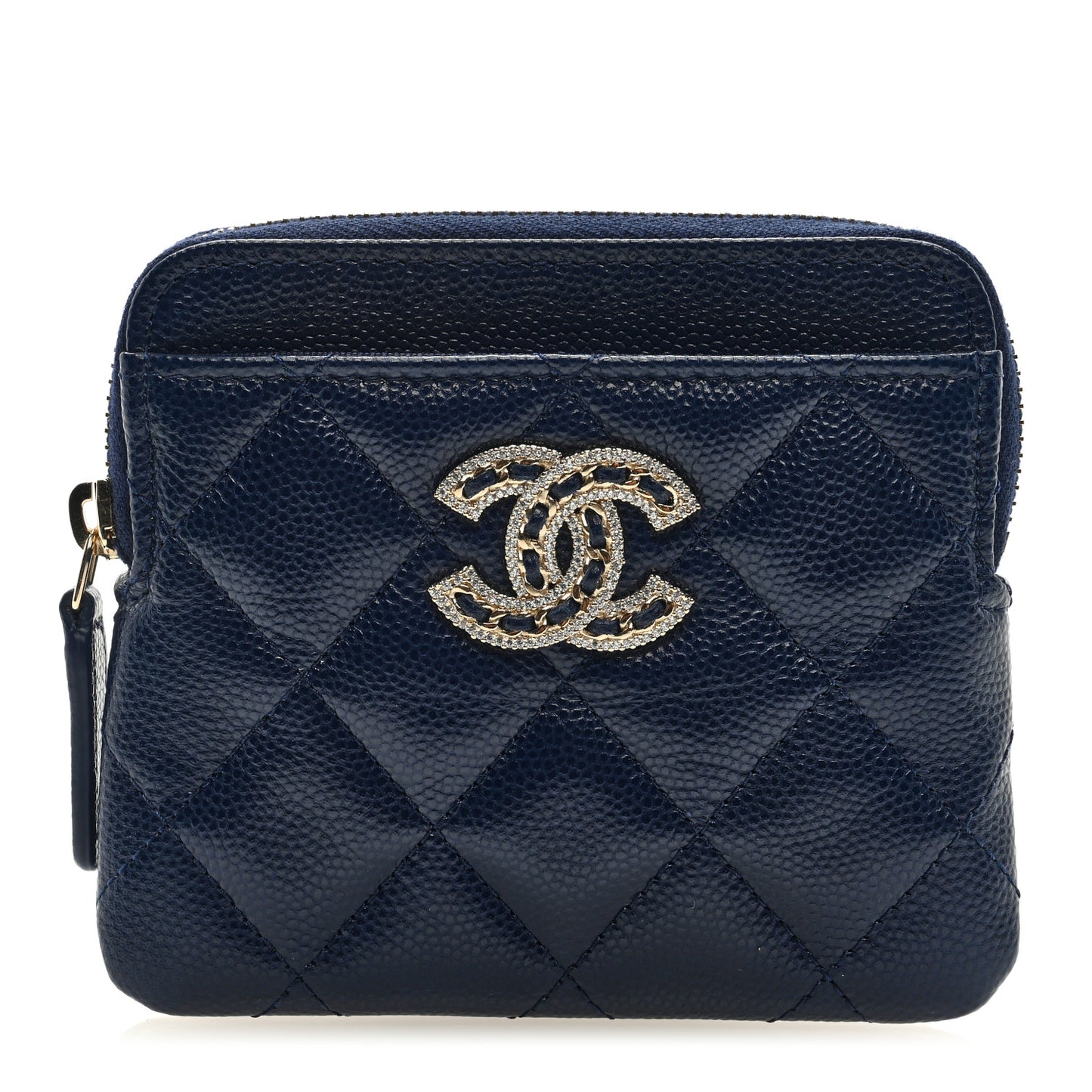 Caviar Quilted Crystal Zip Card Holder Wallet Navy