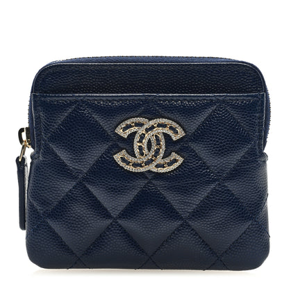 Chanel Caviar Quilted Crystal Zip Card Holder Wallet Navy 1 of 7