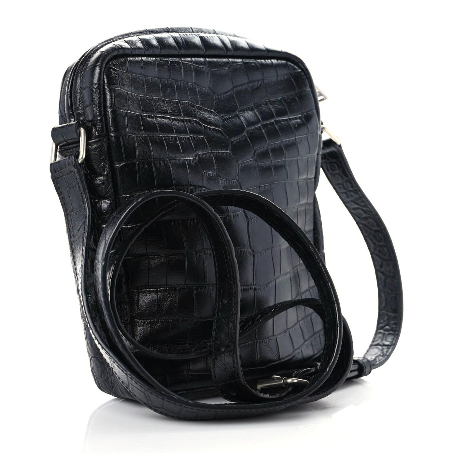 Calfskin Crocodile Embossed Sid Messenger Bag Black