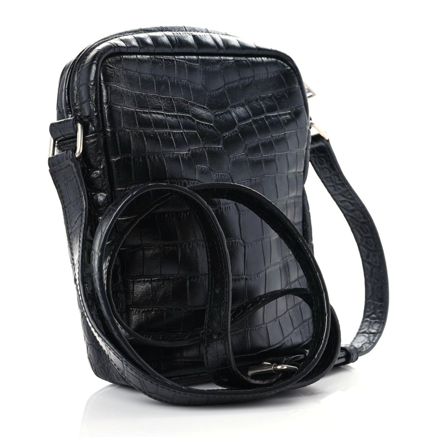 Saint Laurent Calfskin Crocodile Embossed Sid Messenger Bag Black 3 of 10