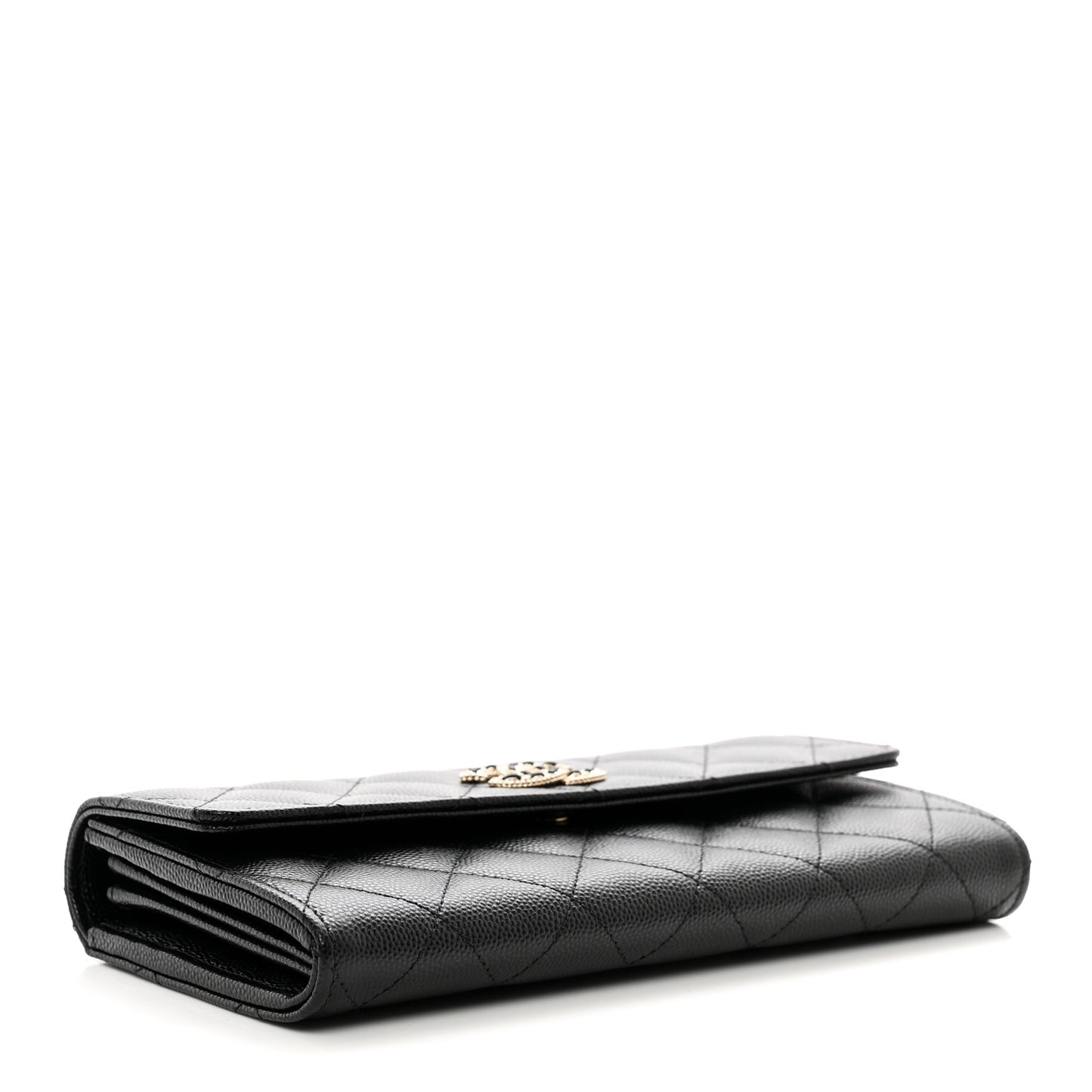Caviar Quilted Crystal CC Large Gusset Flap Wallet Black