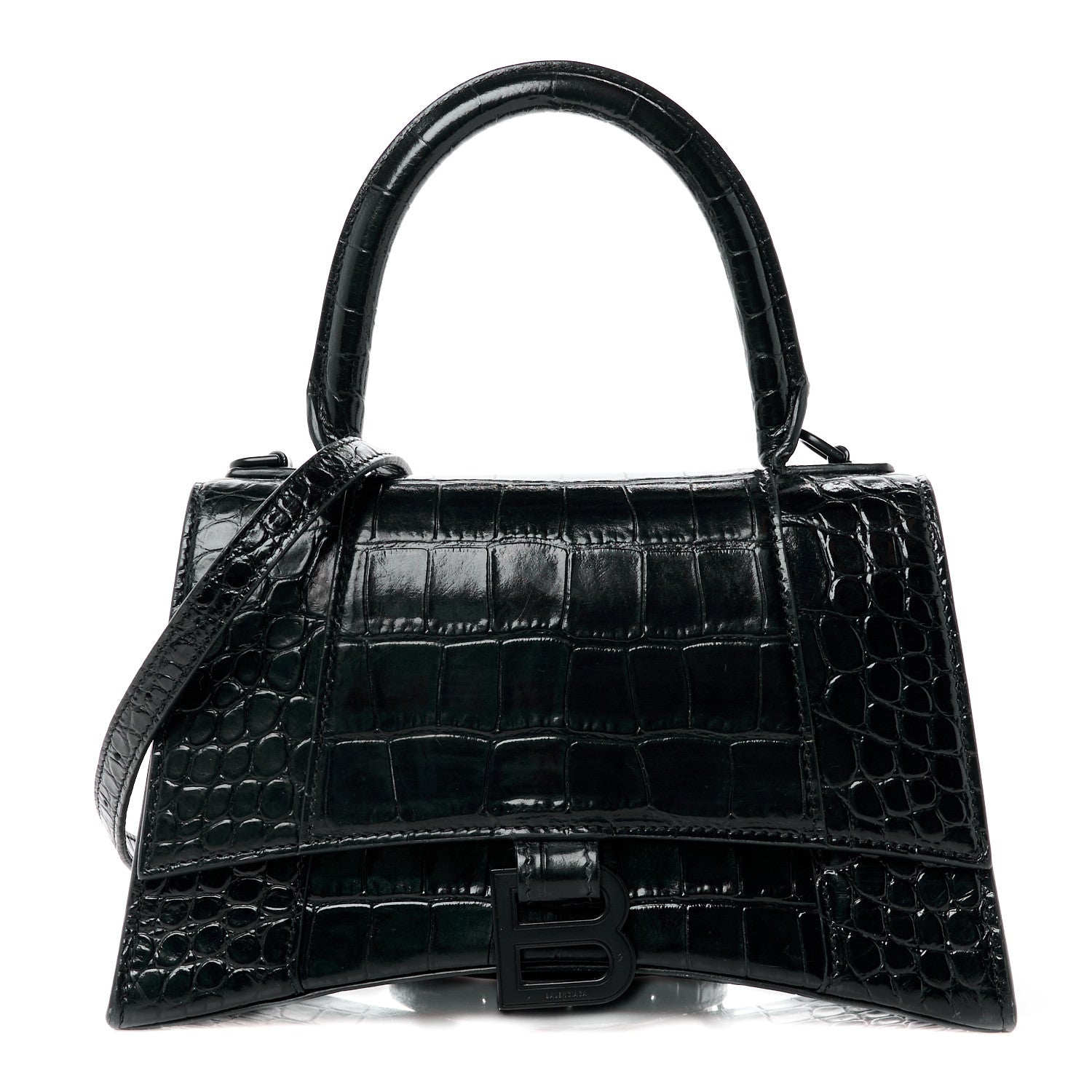 Balenciaga Shiny Calfskin Monochrome Crocodile Embossed Small Hourglass Top Handle Bag Black 1 of 10