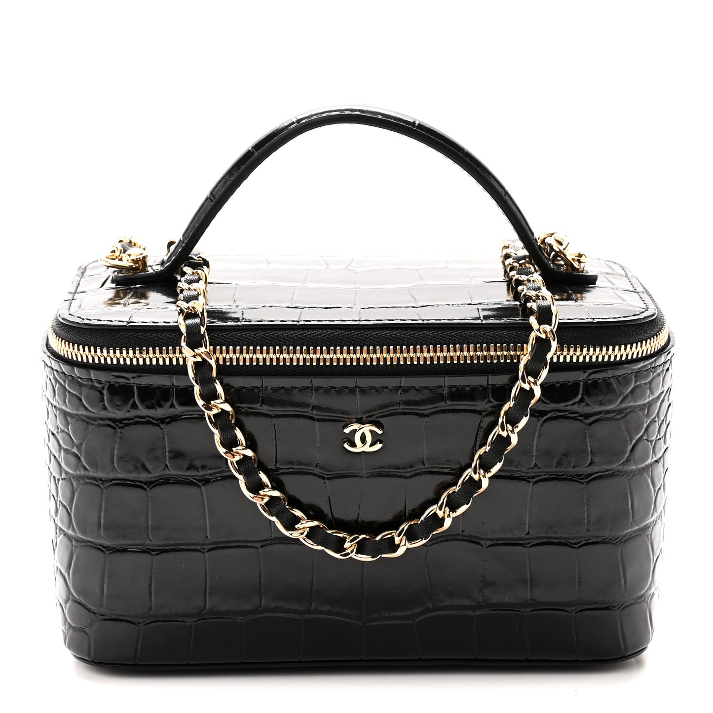 Calfskin Crocodile Embossed Top Handle Vanity Black