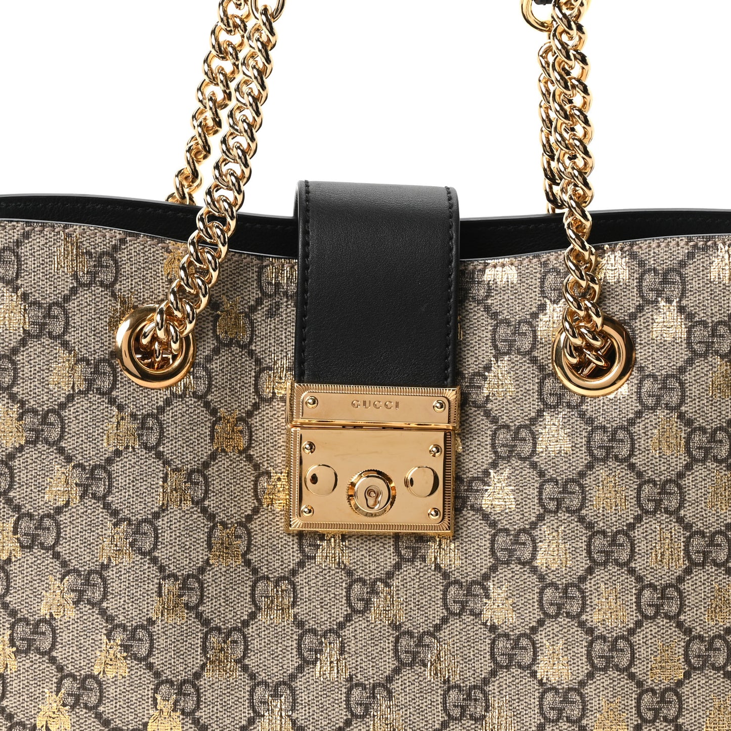 GG Supreme Monogram Bees Small Padlock Tote Beige Oro Black