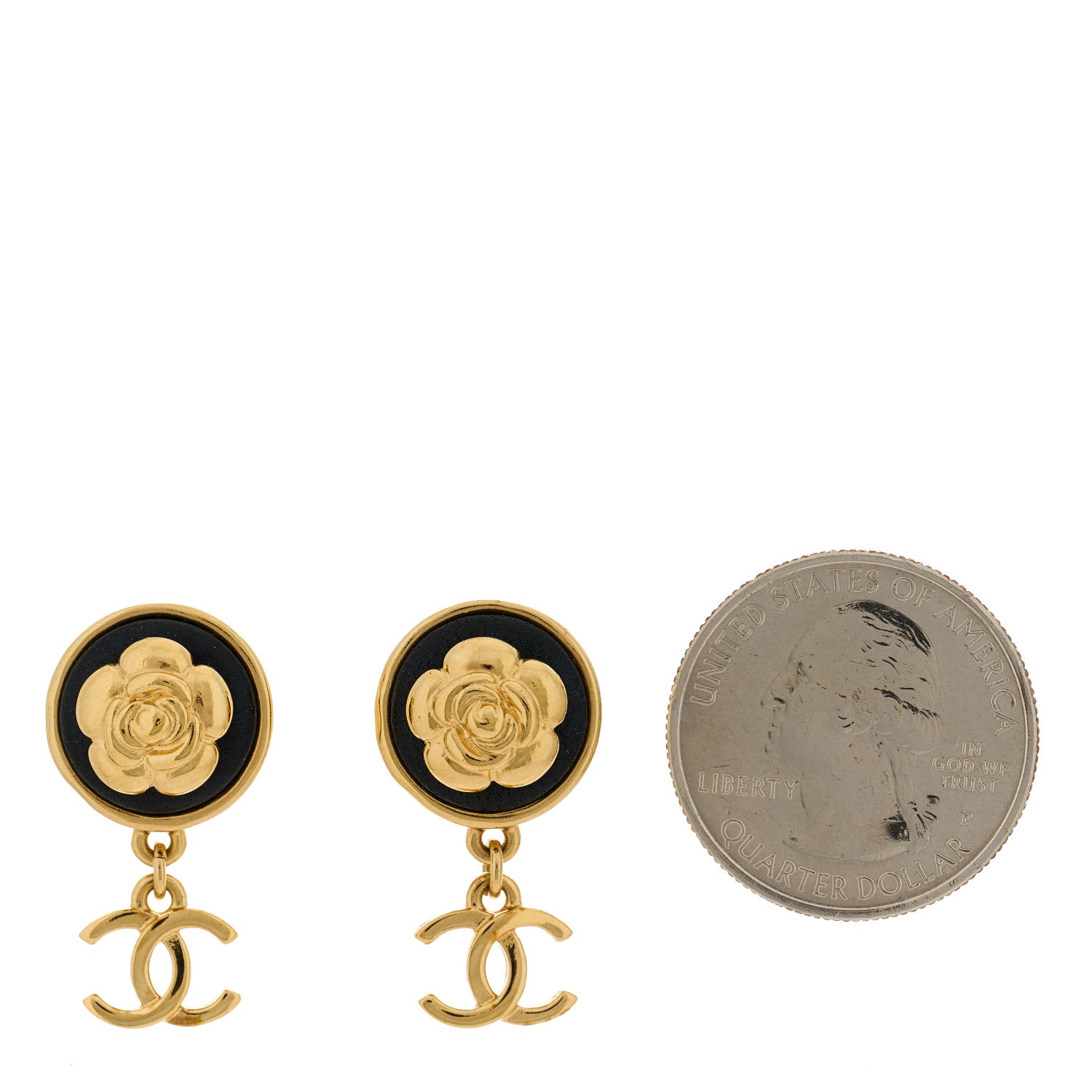 Chanel Metal Lambskin Camellia CC Drop Earrings Gold Black 3 of 5