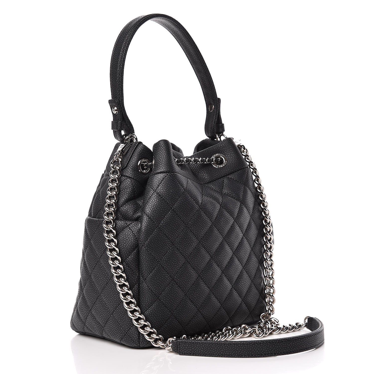 Chanel Caviar Flat Quilted CC Chain Bucket Drawstring Bag Black 3 of 9