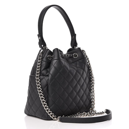 Chanel Caviar Flat Quilted CC Chain Bucket Drawstring Bag Black 3 of 9