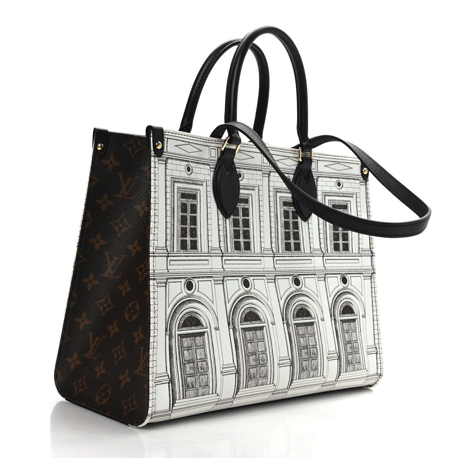 Louis Vuitton X FORNASETTI Calfskin Architettura Onthego MM Black White 3 of 8