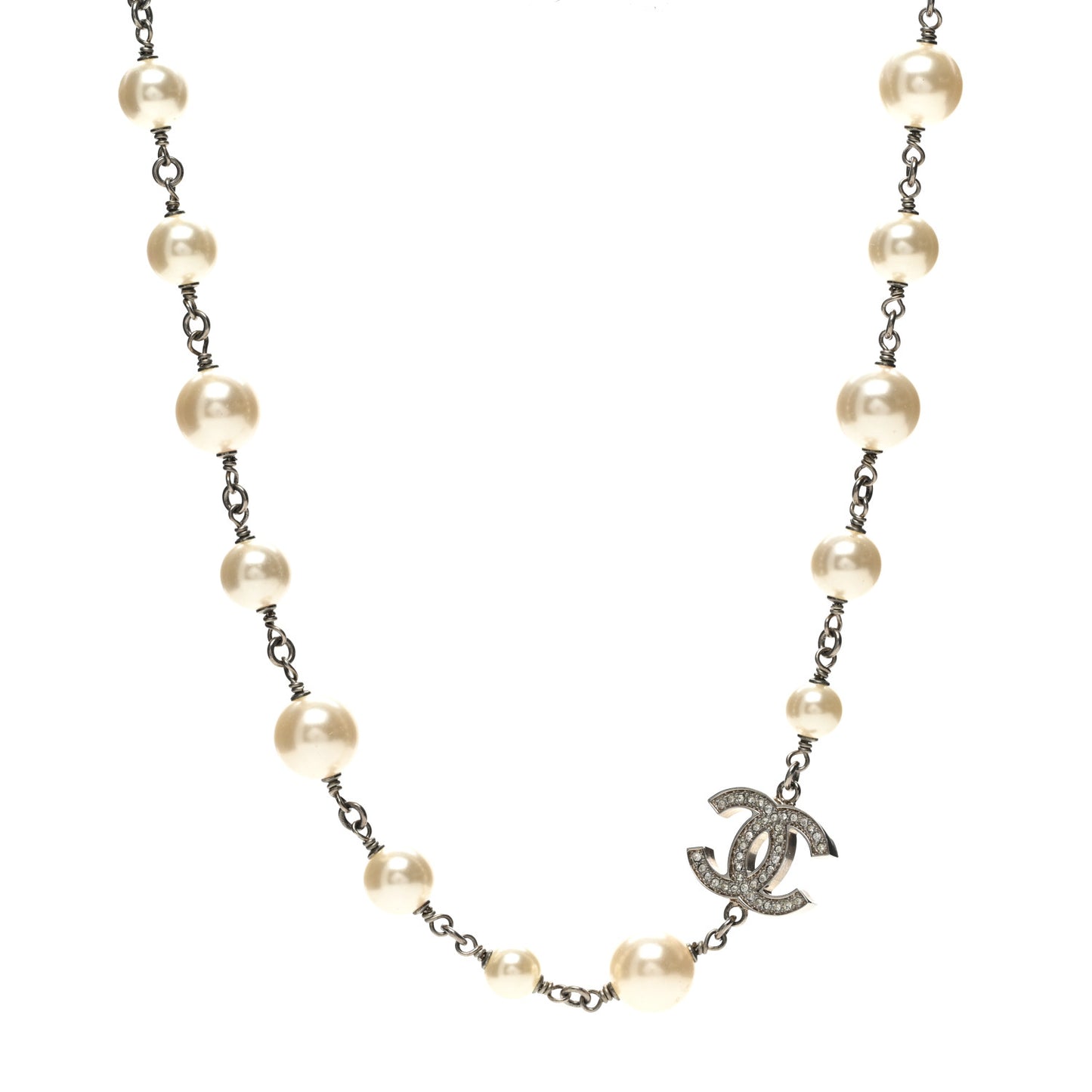 Graduated Pearl Crystal CC Long Necklace Silver