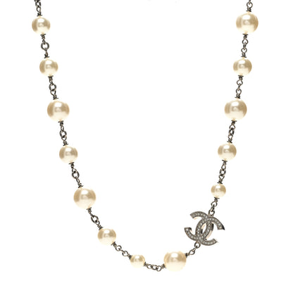 Chanel Graduated Pearl Crystal CC Long Necklace Silver 1 of 6