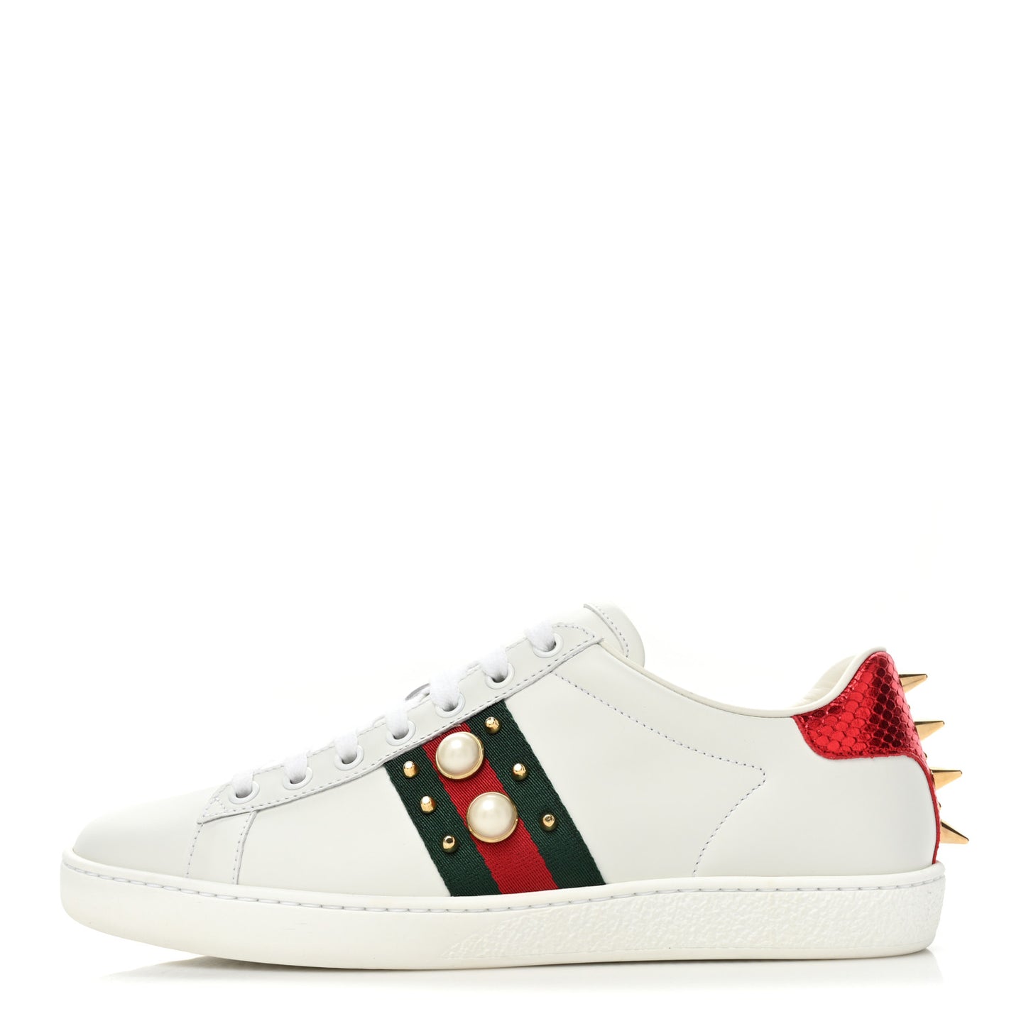 Calfskin Web Pearl Studded Womens Ace Sneakers 37.5 White