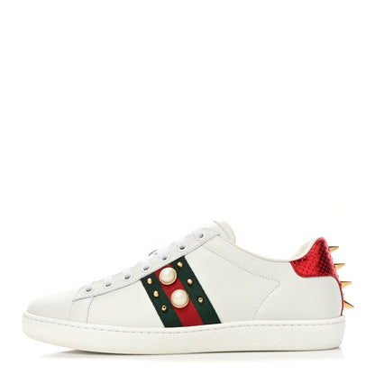 Gucci Calfskin Web Pearl Studded Womens Ace Sneakers 37.5 White 1 of 10