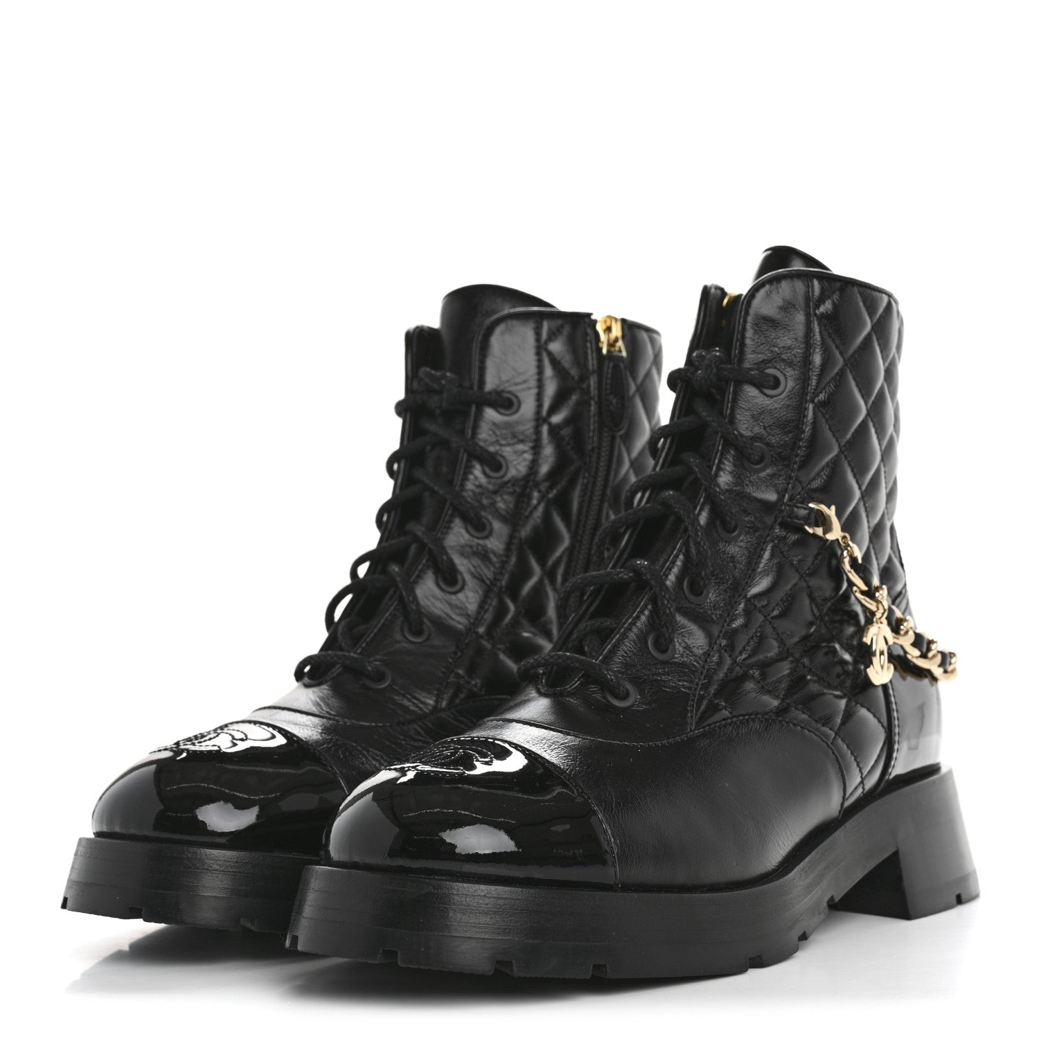 Chanel Shiny Calfskin Patent Quilted Chain Lace Up Combat Boots 39.5 Black 4 of 9