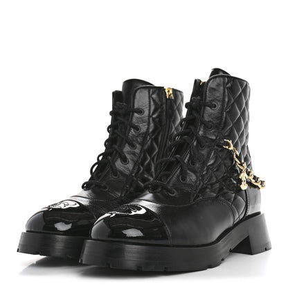 Chanel Shiny Calfskin Patent Quilted Chain Lace Up Combat Boots 39.5 Black 4 of 9