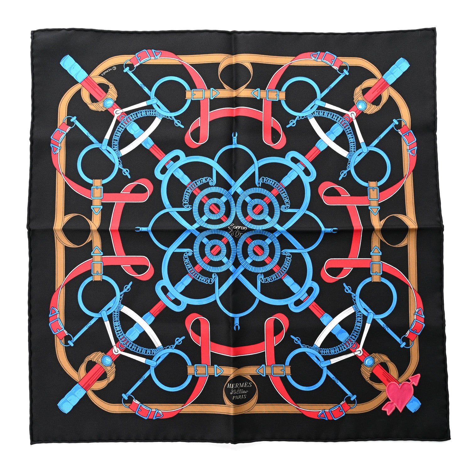 Hermes Silk Eperon D'Or Pocket Square Scarf Black Bleu Vif Rouge 1 of 4