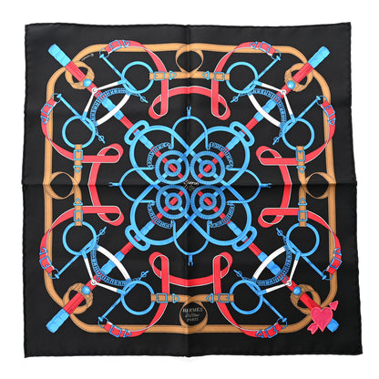 Hermes Silk Eperon D'Or Pocket Square Scarf Black Bleu Vif Rouge 1 of 4